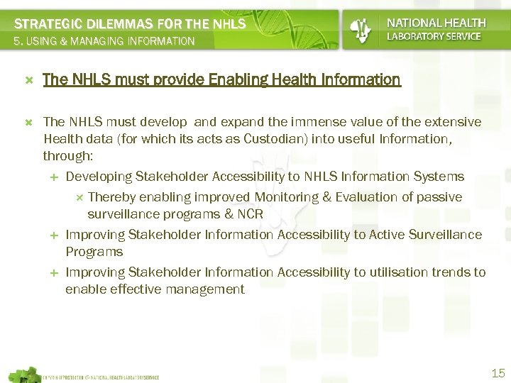 STRATEGIC DILEMMAS FOR THE NHLS 5. USING & MANAGING INFORMATION The NHLS must provide