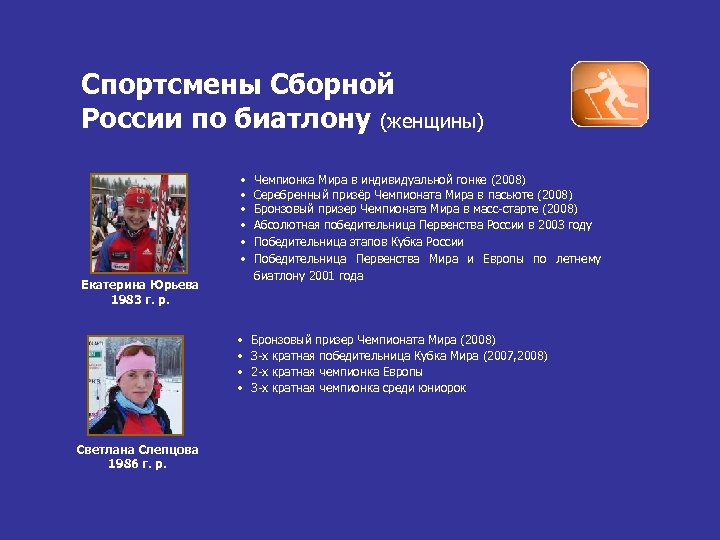 Спортсмены Сборной России по биатлону (женщины) • • • Чемпионка Мира в индивидуальной гонке