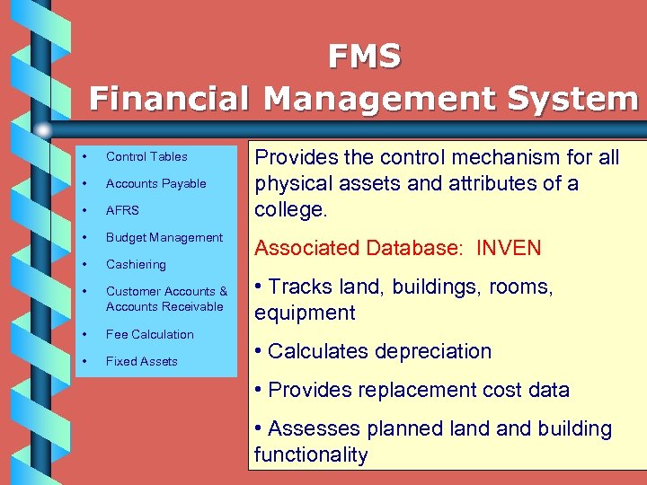 FMS Financial Management System • Control Tables • Accounts Payable • AFRS • Budget
