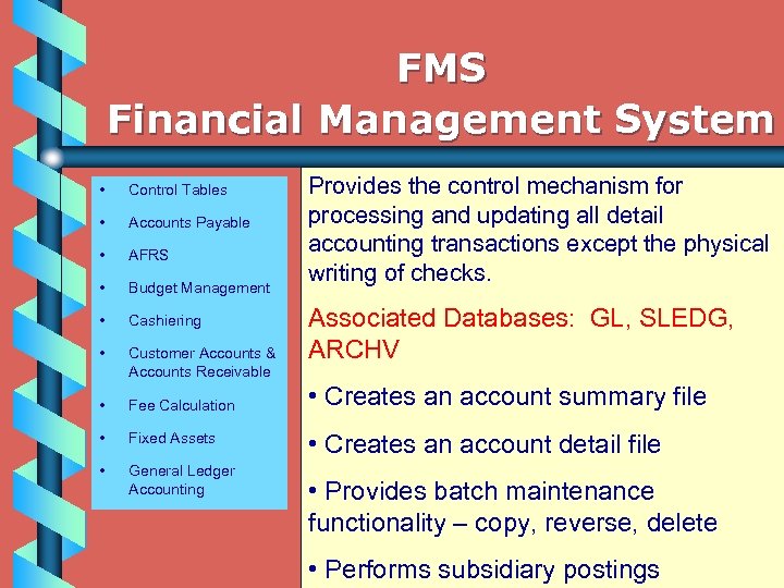 FMS Financial Management System • Control Tables • Accounts Payable • AFRS • Budget