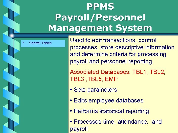 PPMS Payroll/Personnel Management System • Control Tables Used to edit transactions, control processes, store