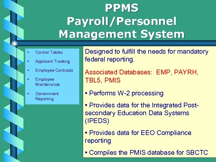 PPMS Payroll/Personnel Management System • Control Tables • Applicant Tracking • Employee Contracts •