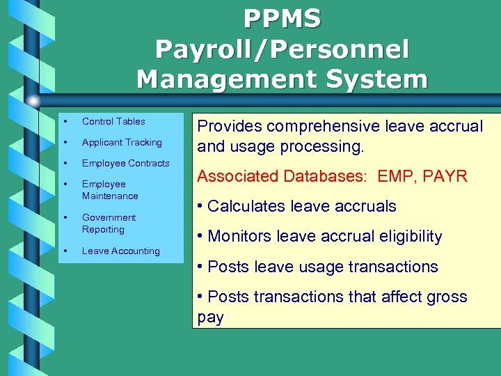 PPMS Payroll/Personnel Management System • Control Tables • Applicant Tracking • Employee Contracts •