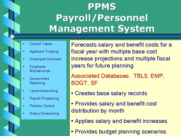 PPMS Payroll/Personnel Management System • Control Tables • Applicant Tracking • Employee Contracts •