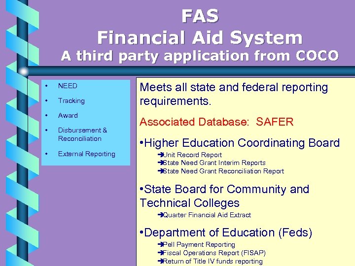 FAS Financial Aid System A third party application from COCO • NEED • Tracking