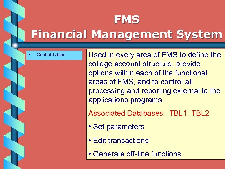 FMS Financial Management System • Control Tables Used in every area of FMS to