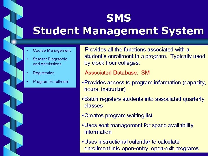 SMS Student Management System • Course Management • Student Biographic and Admissions Provides all