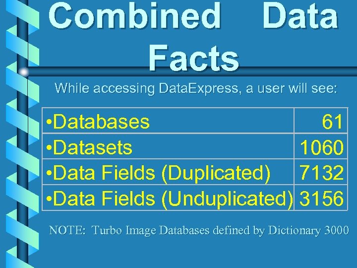 Combined Data Facts While accessing Data. Express, a user will see: • Databases 61