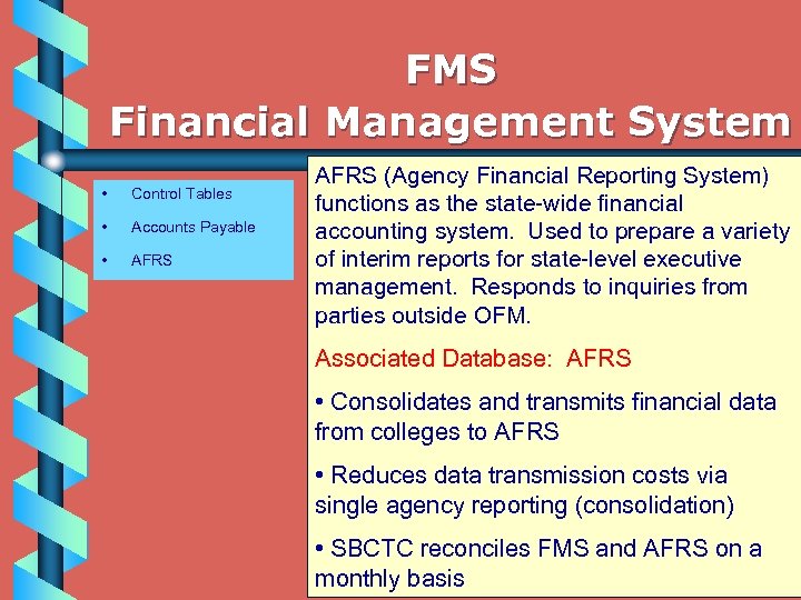 FMS Financial Management System • Control Tables • Accounts Payable • AFRS (Agency Financial