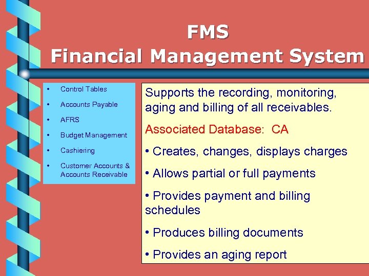 FMS Financial Management System • Control Tables • Accounts Payable • AFRS • Budget