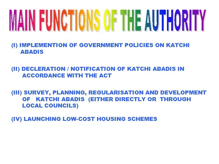 (I) IMPLEMENTION OF GOVERNMENT POLICIES ON KATCHI ABADIS (II) DECLERATION / NOTIFICATION OF KATCHI