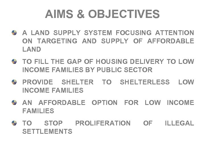 AIMS & OBJECTIVES A LAND SUPPLY SYSTEM FOCUSING ATTENTION ON TARGETING AND SUPPLY OF