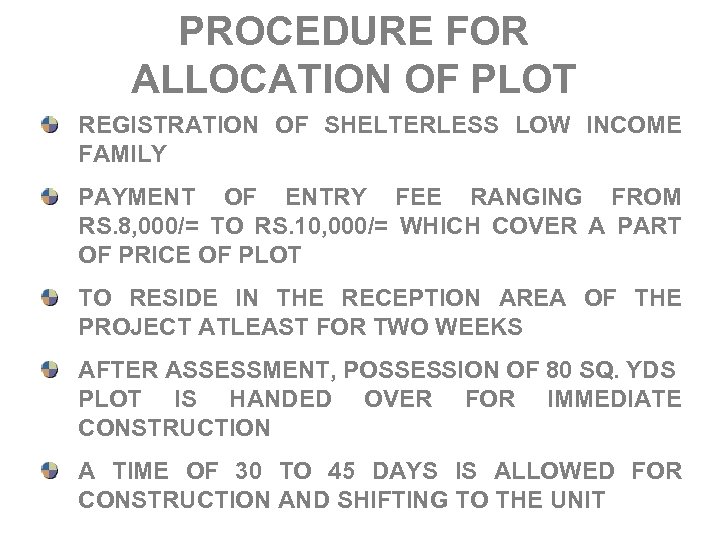 PROCEDURE FOR ALLOCATION OF PLOT REGISTRATION OF SHELTERLESS LOW INCOME FAMILY PAYMENT OF ENTRY