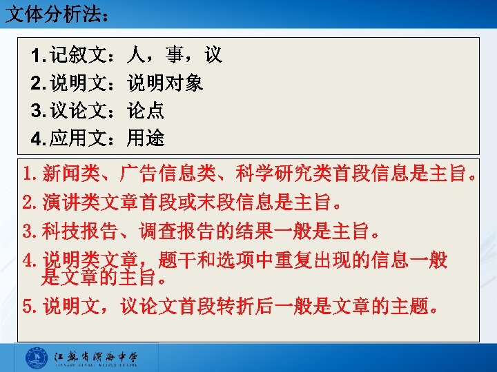 文体分析法： 1. 记叙文：人，事，议 2. 说明文：说明对象 3. 议论文：论点 4. 应用文：用途 1. 新闻类、广告信息类、科学研究类首段信息是主旨。 2. 演讲类文章首段或末段信息是主旨。 3.