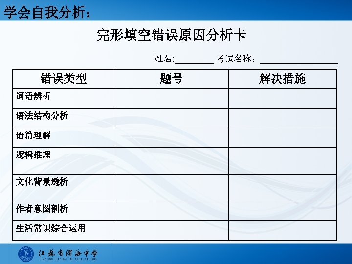 学会自我分析： 完形填空错误原因分析卡 姓名: ____ 考试名称：________ 错误类型 词语辨析 语法结构分析 语篇理解 逻辑推理 文化背景透析 作者意图剖析 生活常识综合运用 题号
