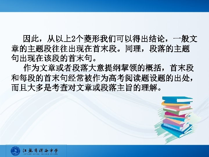 因此，从以上2个菱形我们可以得出结论，一般文 章的主题段往往出现在首末段。同理，段落的主题 句出现在该段的首末句。 作为文章或者段落大意提纲挈领的概括，首末段 和每段的首末句经常被作为高考阅读题设题的出处， 而且大多是考查对文章或段落主旨的理解。 