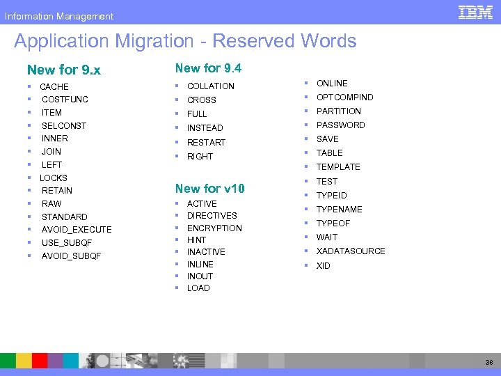 Information Management Application Migration - Reserved Words New for 9. x New for 9.