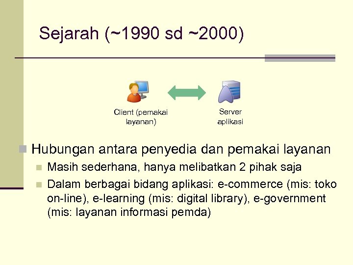 Sejarah (~1990 sd ~2000) Client (pemakai layanan) Server aplikasi n Hubungan antara penyedia dan