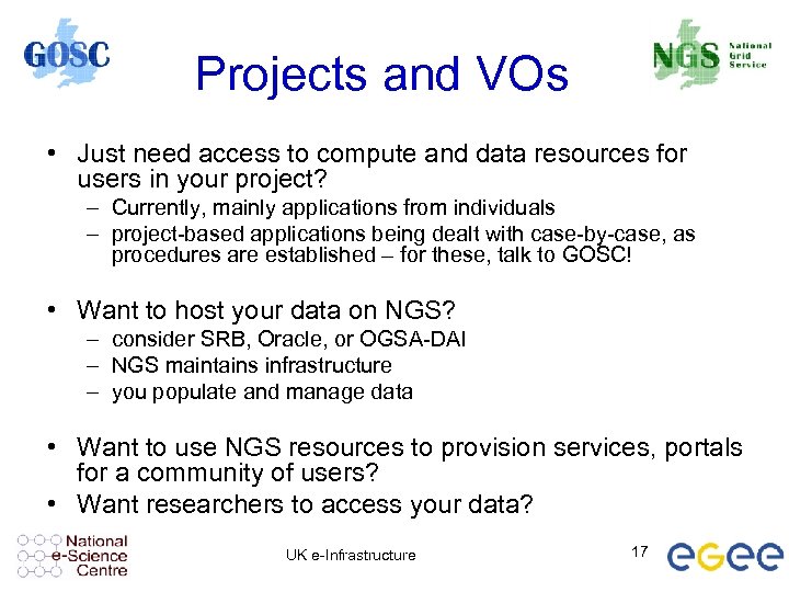 Projects and VOs • Just need access to compute and data resources for users