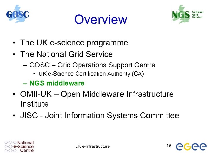 Overview • The UK e-science programme • The National Grid Service – GOSC –