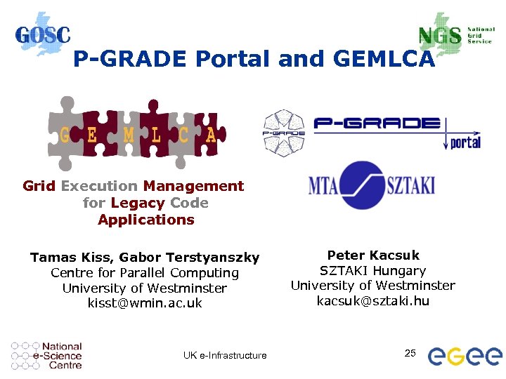 P-GRADE Portal and GEMLCA Grid Execution Management for Legacy Code Applications Tamas Kiss, Gabor