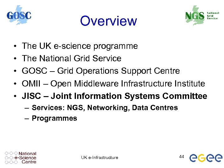 Overview • • • The UK e-science programme The National Grid Service GOSC –