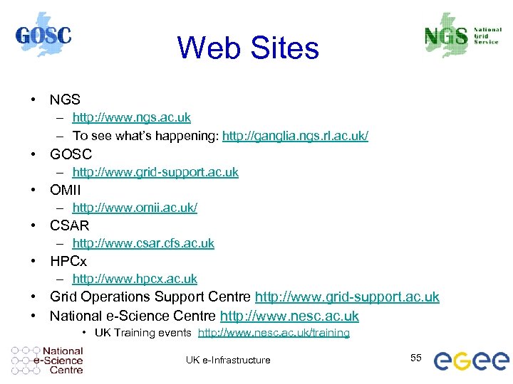 Web Sites • NGS – http: //www. ngs. ac. uk – To see what’s