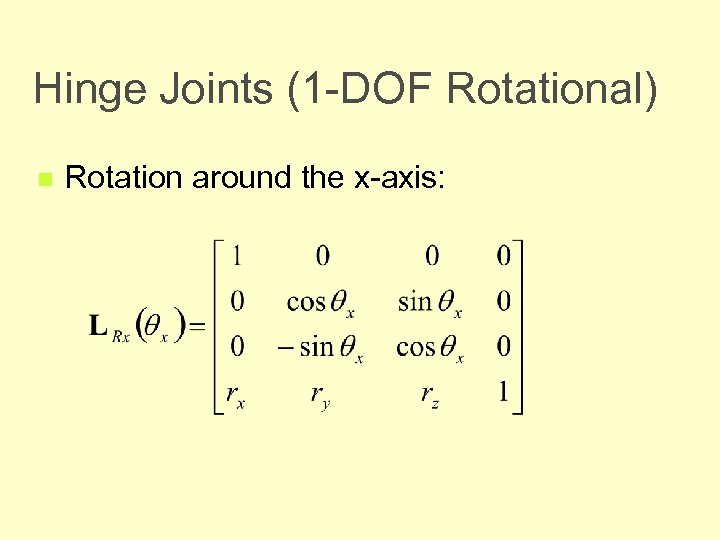 Hinge Joints (1 -DOF Rotational) n Rotation around the x-axis: 