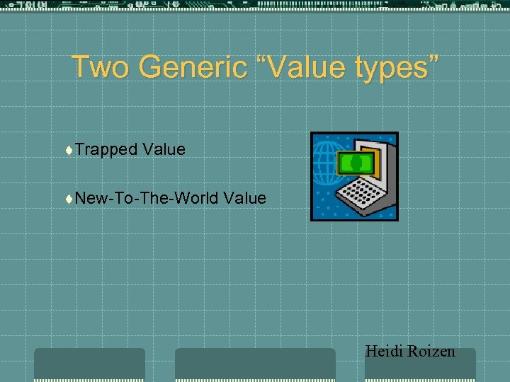 Two Generic “Value types” t Trapped Value t New-To-The-World Value Heidi Roizen 