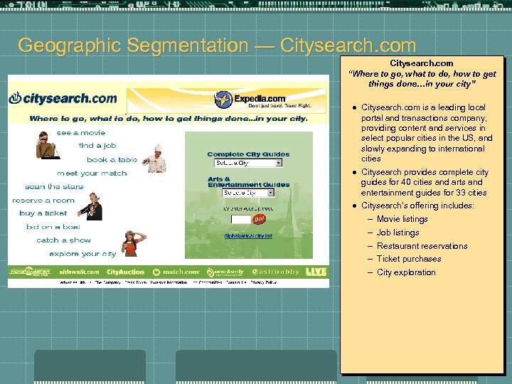 Geographic Segmentation — Citysearch. com “Where to go, what to do, how to get
