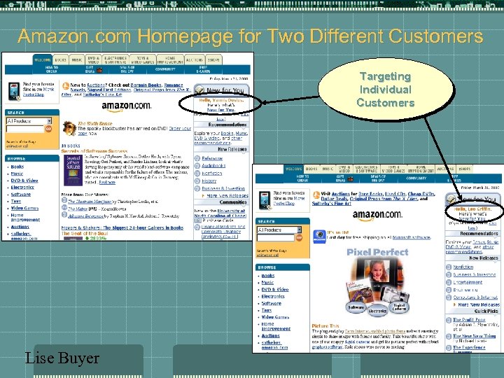 Amazon. com Homepage for Two Different Customers Targeting Individual Customers Lise Buyer 