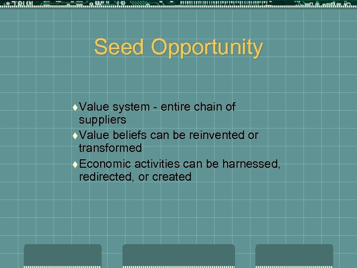 Seed Opportunity t Value system - entire chain of suppliers t Value beliefs can