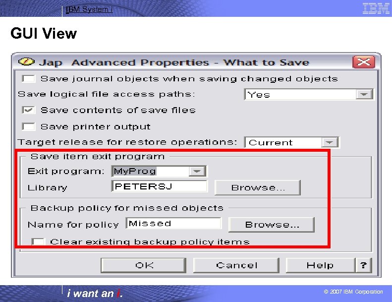 IBM System i GUI View Specify Exit Program Specification and Missed Object Policy Advanced