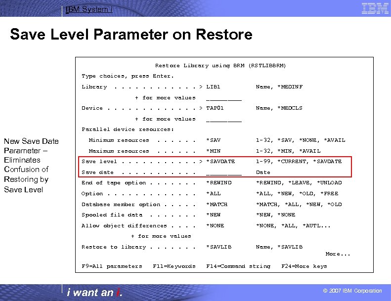 IBM System i Save Level Parameter on Restore Library using BRM (RSTLIBBRM) Type choices,