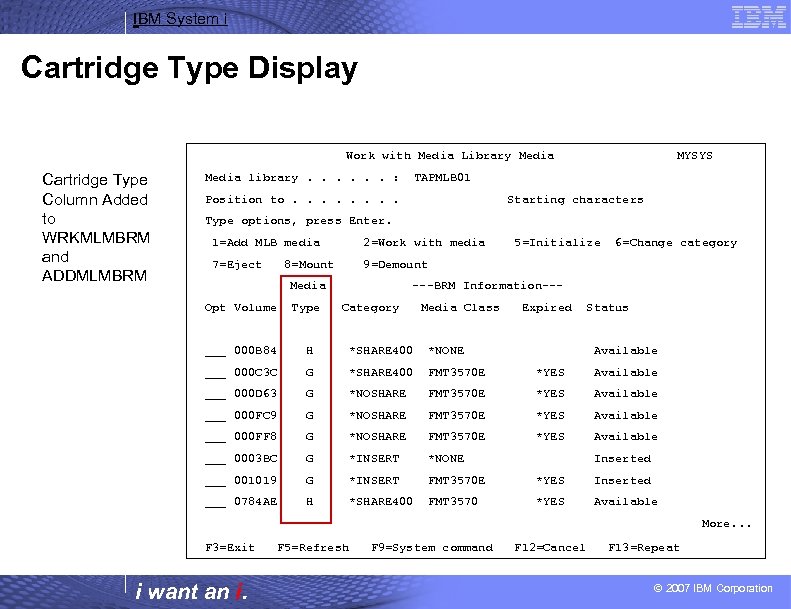 IBM System i Cartridge Type Display Work with Media Library Media Cartridge Type Column