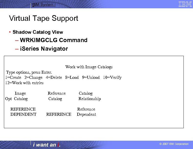 IBM System i Virtual Tape Support • Shadow Catalog View – WRKIMGCLG Command –