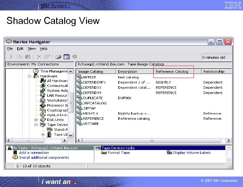 IBM System i Shadow Catalog View i want an i. © 2007 IBM Corporation