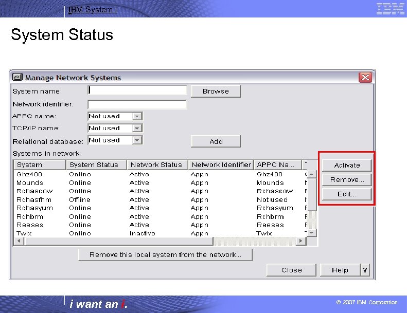 IBM System i System Status i want an i. Activate, Remove or Edit Systems