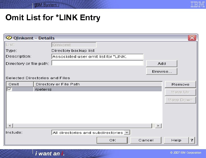 IBM System i Omit List for *LINK Entry. Files in Directory /peters Excluded When