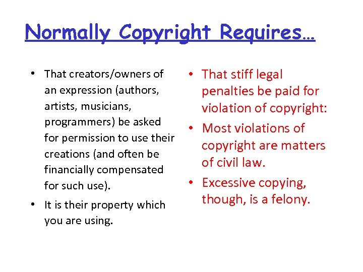 Normally Copyright Requires… • That creators/owners of an expression (authors, artists, musicians, programmers) be