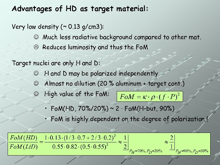 Advantages of HD as target material: Very low density (~ 0. 13 g/cm 3):