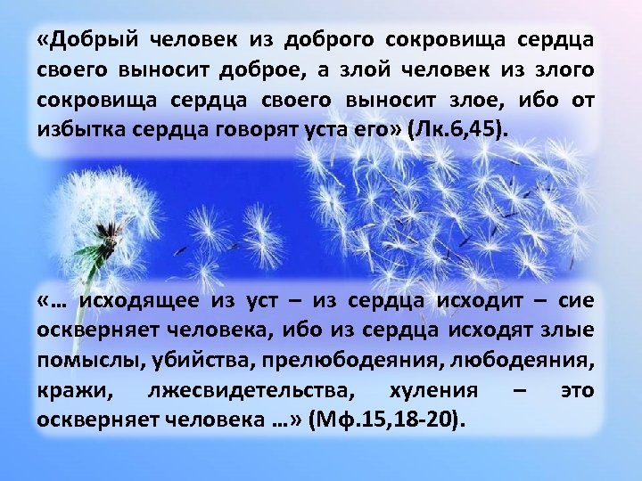  «Добрый человек из доброго сокровища сердца своего выносит доброе, а злой человек из