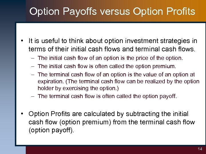 Option Payoffs versus Option Profits • It is useful to think about option investment