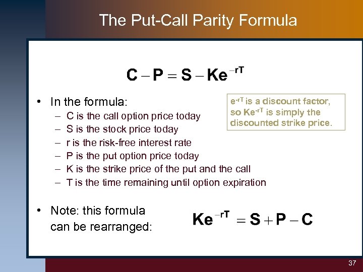 The Put-Call Parity Formula • In the formula: – – – e-r. T is