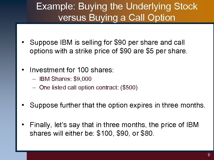 Example: Buying the Underlying Stock versus Buying a Call Option • Suppose IBM is