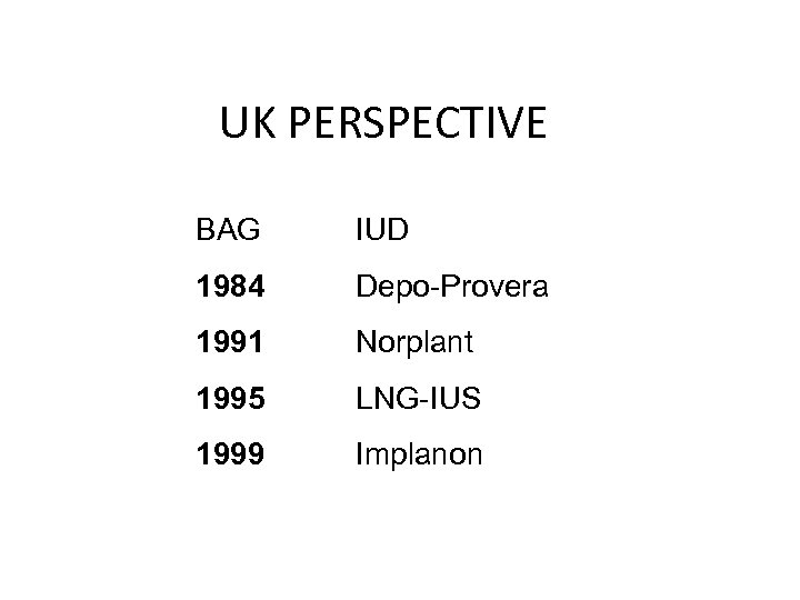  UK PERSPECTIVE BAG IUD 1984 Depo-Provera 1991 Norplant 1995 LNG-IUS 1999 Implanon 