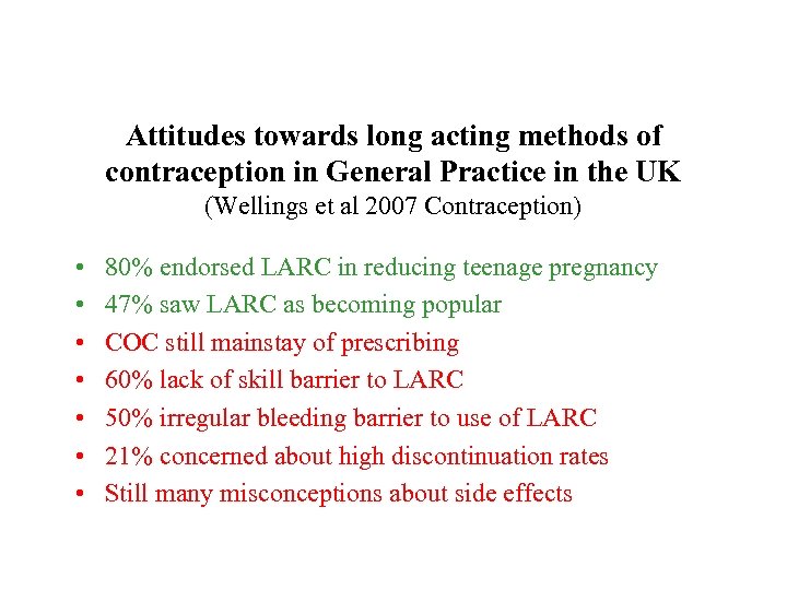 Attitudes towards long acting methods of contraception in General Practice in the UK (Wellings