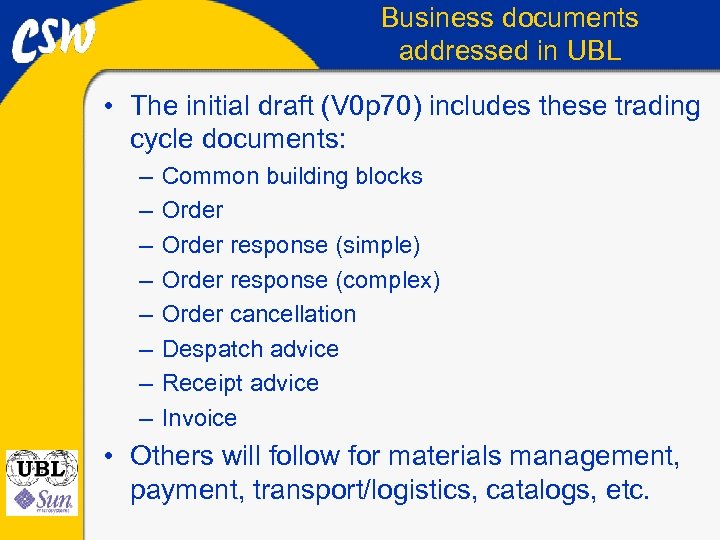Business documents addressed in UBL • The initial draft (V 0 p 70) includes
