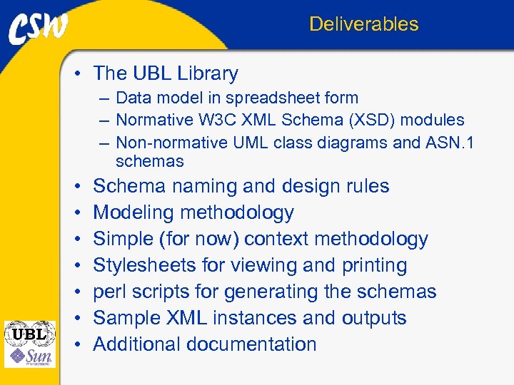 Deliverables • The UBL Library – Data model in spreadsheet form – Normative W