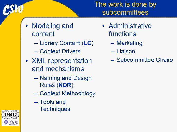 The work is done by subcommittees • Modeling and content – Library Content (LC)